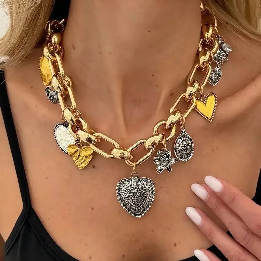 

New Vintage CCB Thick Metal Chain Choker Necklace for Women Punk Flower Love Heart Pendant Necklace Fashion Jewelry Gifts