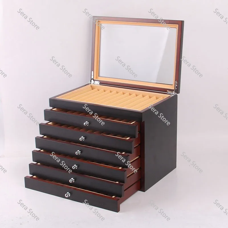 Black/ Burgundy Wooden Pen Display Storage Case, 78 Pens Capacity, Fountain Pen Collector Organizer Box with Transparent Window