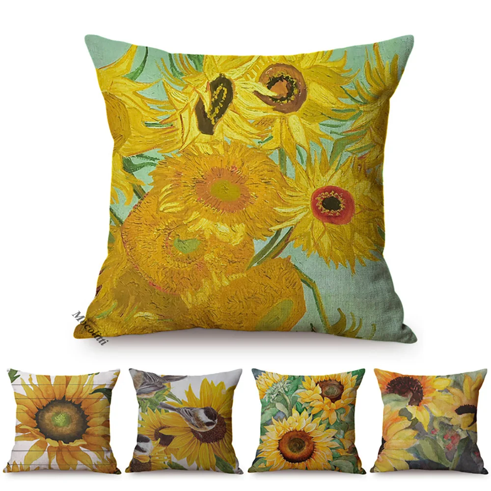 Van Gogh Sunflowers Vintage Home Decoration Cushion Cover Sunshine Plants Poster Oil Painting Art Style Sofa Throw Pillow Cover