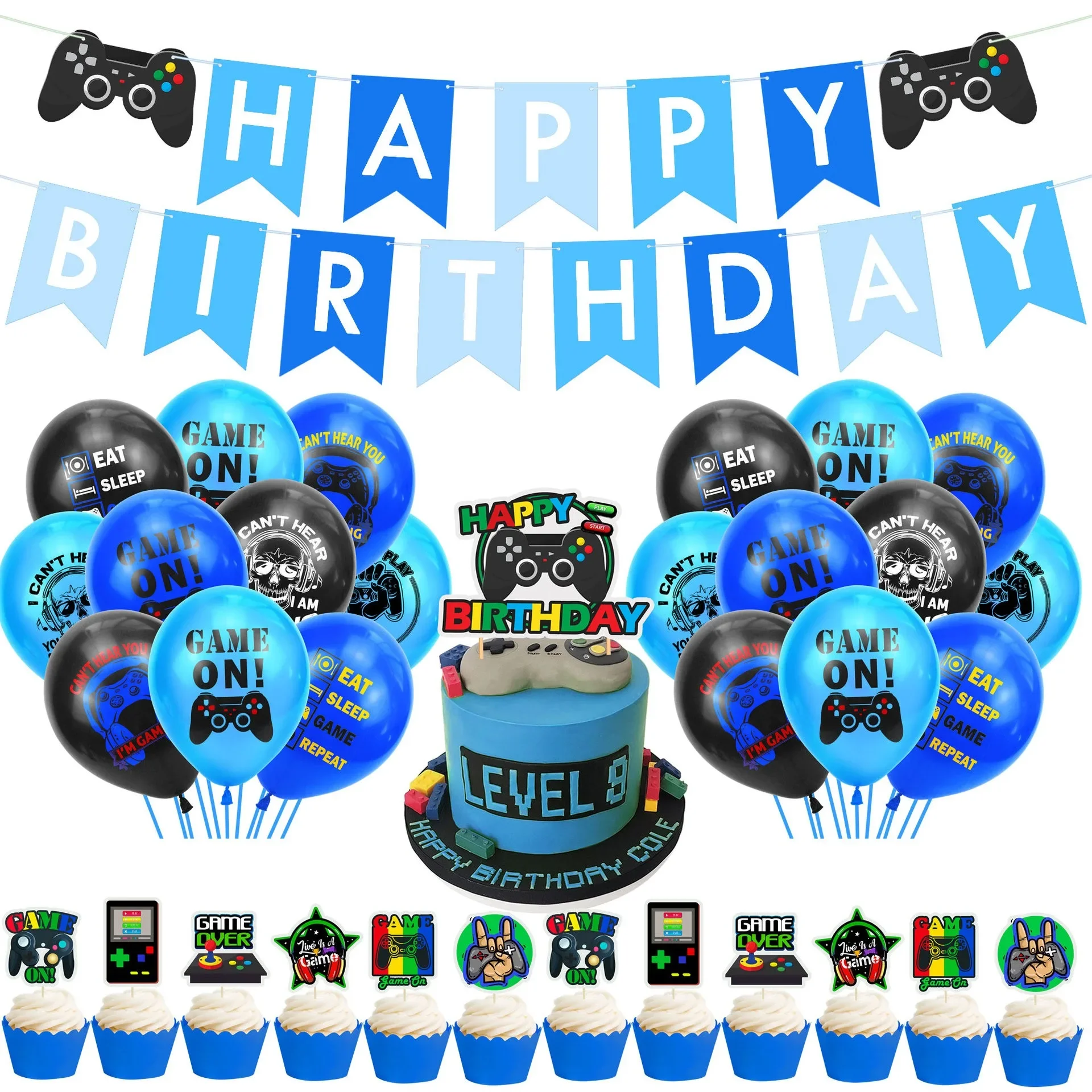 

Game On Blue Game Theme Party Decor Happy Birthday Banner Happy Game Birthday Party Balloon Caketopper Kids Favor