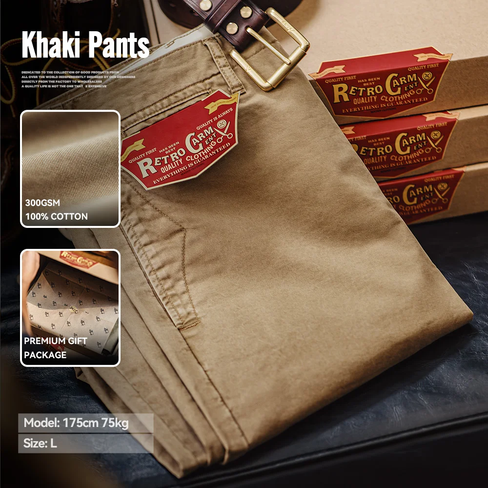 

Maden Vintage Heavyweight Twill Cotton Khaki Chinos Straight Fit Men's Autumn Workwear Casual Pants Zip Fly Trousers