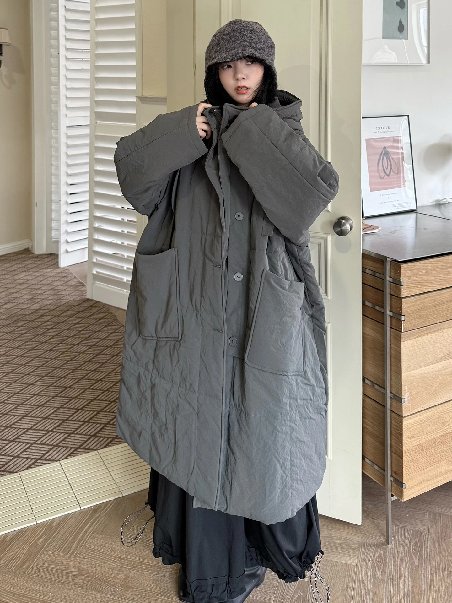 Long Cotton Jacket Winter Thickened Button Women's Loose Fit Coat Double Sided Pockets Warm Commute Style Youth Fashion