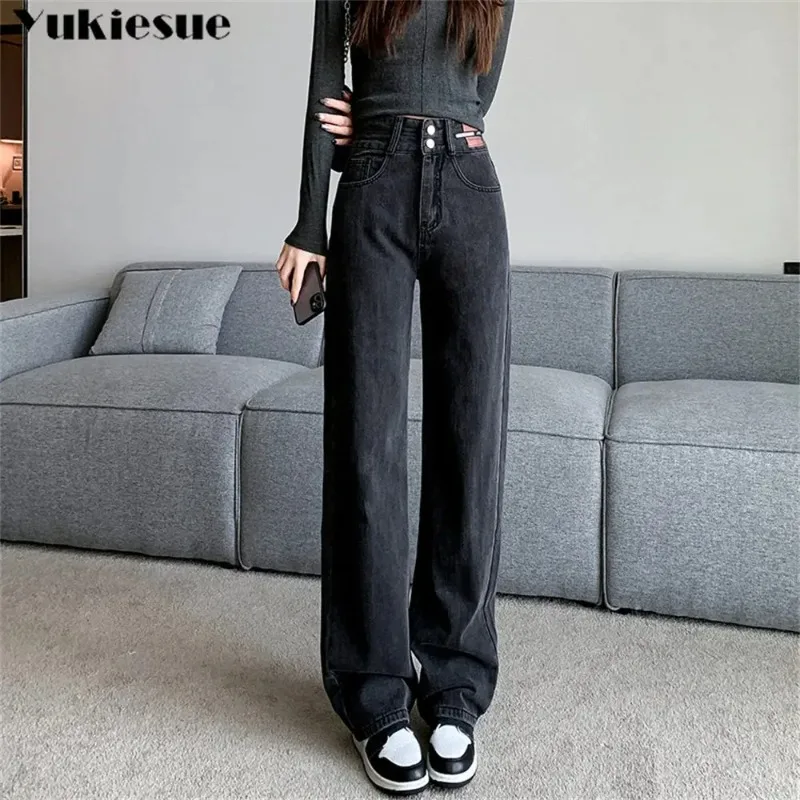 

Осень-зима 2022, новые широкие джинсы с высокой талией и пуговицами, модные свободные прямые винтажные брюки для отдыха, джинсы для женщин, уличная одежда