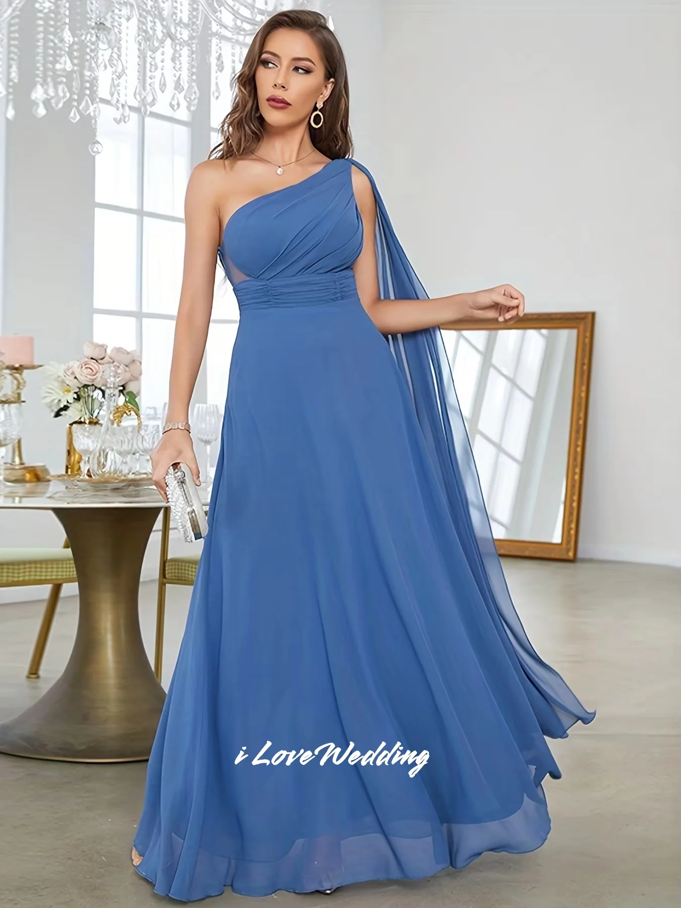 สีฟ้าหนึ่งไหล่ชุดเพื่อนเจ้าสาว 2025 ชีฟองแขนกุดBackless A-Lineความยาวชุดแต่งงานที่กําหนดเอง