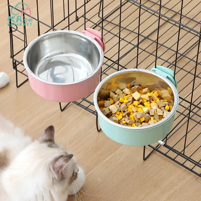 Pet Food Bowl Hanging Stainless Steel Bowl Dogs Cats The 2-in-1 design is detachable Supplies Fixed Cat Bowl Crate Drinking