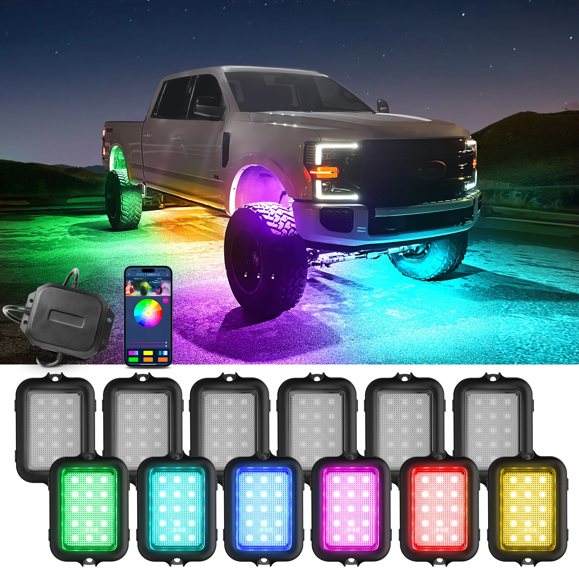 

Комплект светодиодных каменных фонарей MICTUNING RGB+IC, многоцветная неоновая стручка подсветки 10/12 точек с беспроводным управлением через приложение для грузовика, квадроцикла, UTV RZR