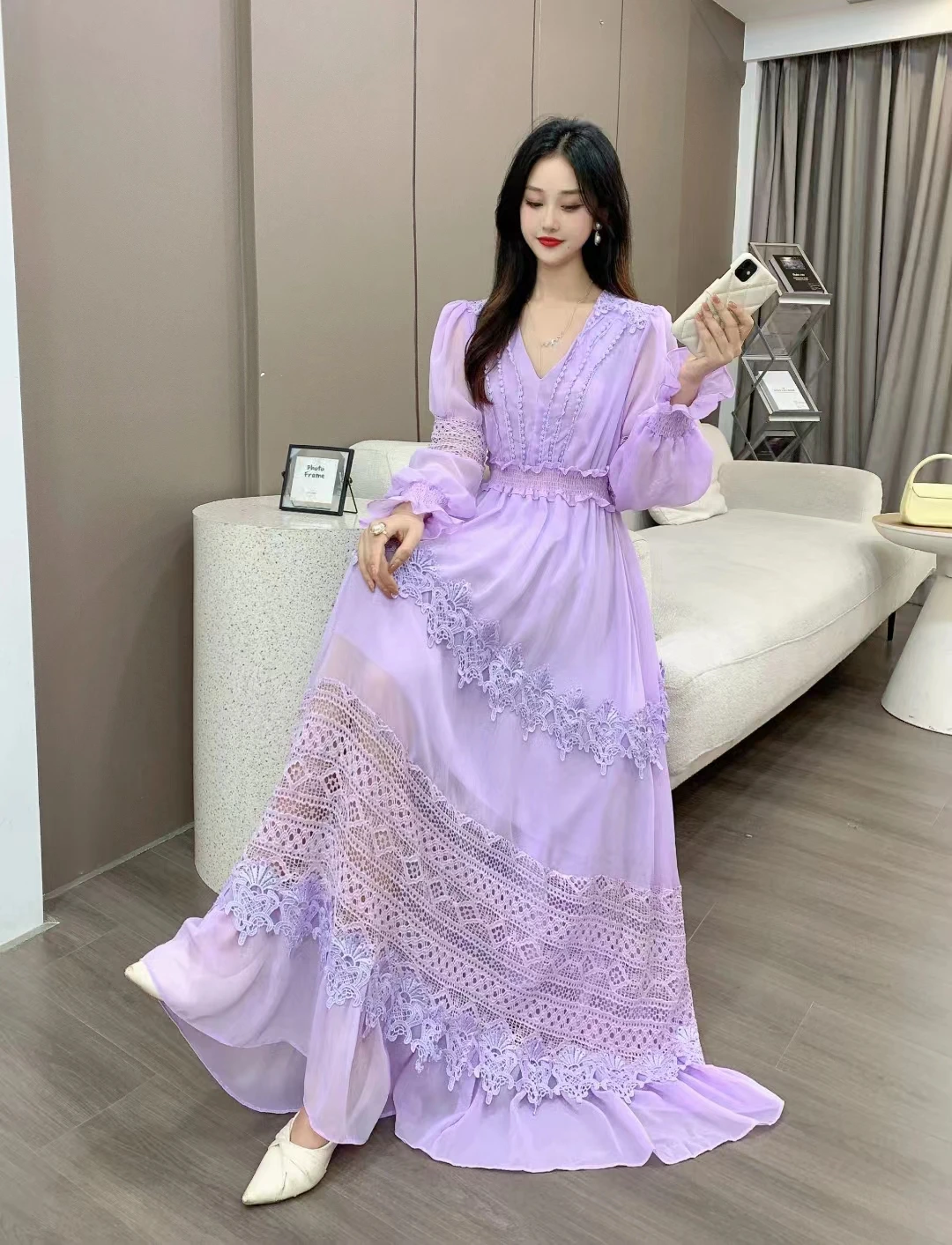 2023 New Spring Autumn Women V-Neck Long Sleeve Slim Long Dress High Quality Elegant Lace Patchwork Big Hem Evening Dress