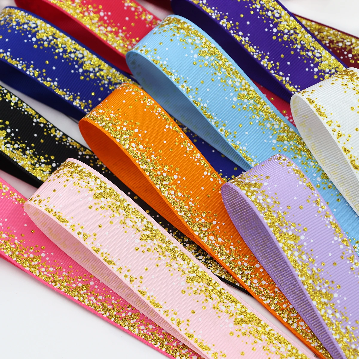 1 inch Grosgrain Ribbon Glitter Gold Foil and White Polka Dot on Gradient Printed are for Hair Bows Crafts Gifts and More