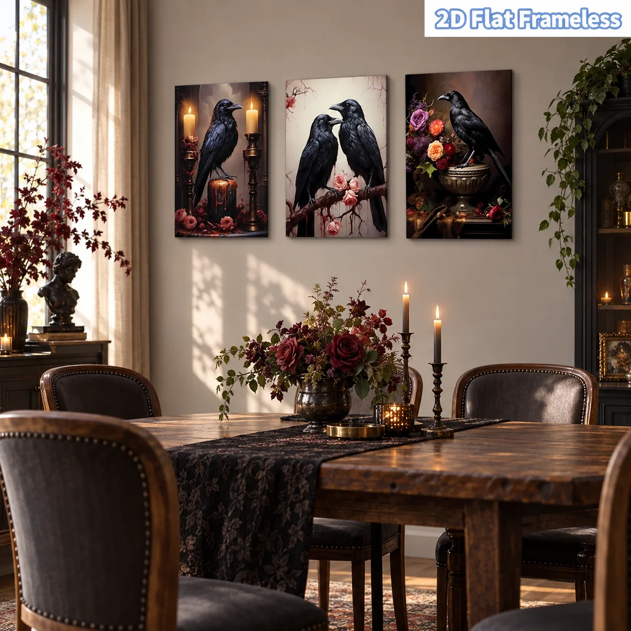 3 Gothic style Black Crow Rose Candle Artworks Theme Canvas Wall Art, Suitable for Bedroom, Living Room, Bathroom, Office Decora