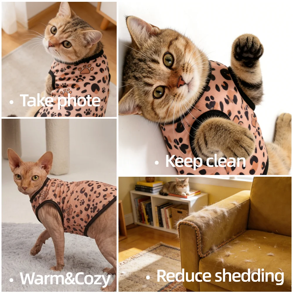 Haustier-Katzenweste mit Leopardenmuster, bequem, weich, ärmellos, Haustier-Shirt, atmungsaktiv, Katzenpullover für Sphynx-Kätzchen, Kitty, Welpen – Detail 3