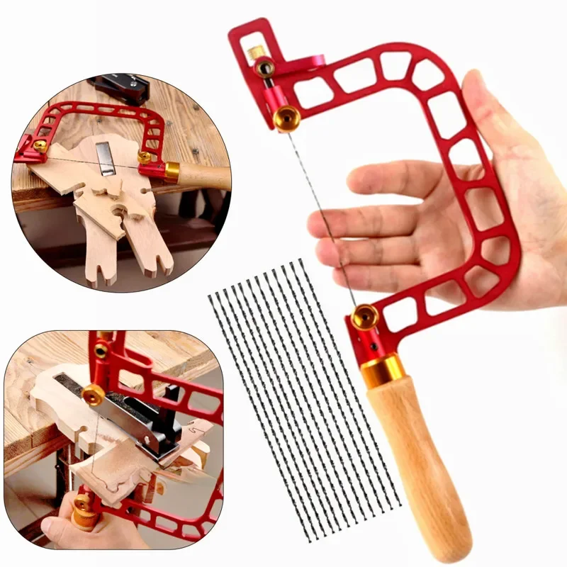 Woodworking Coping Saw Aluminum Alloy Frame Fret Saw with Replacement Blades Set for Jade Stone Ceramic Glass Wood Metal Cutting