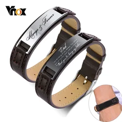 Vnox Free Personalize Bracelets for Men 16mm Adjustable Leather Band with Glossy Stainless Steel ID Bar Unique Customize Gift