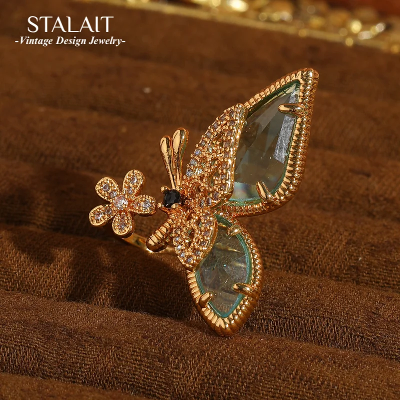 

﻿ Vintage Glass Butterfly Rings Woman Rhinestone Gold Color Crystal Large Luxury Quality Jewelry Designer Wedding Party 2025
