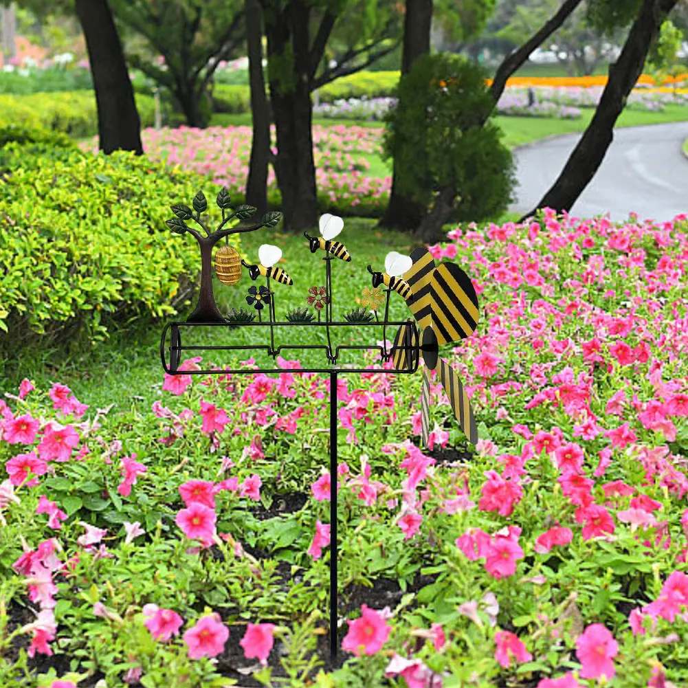 Lovely Bee Whirligig 3D Wind Powered Kinetic Sculpture Garden Windmill Toy Outdoor Wind Sculpture for Patio Lawn and Garden