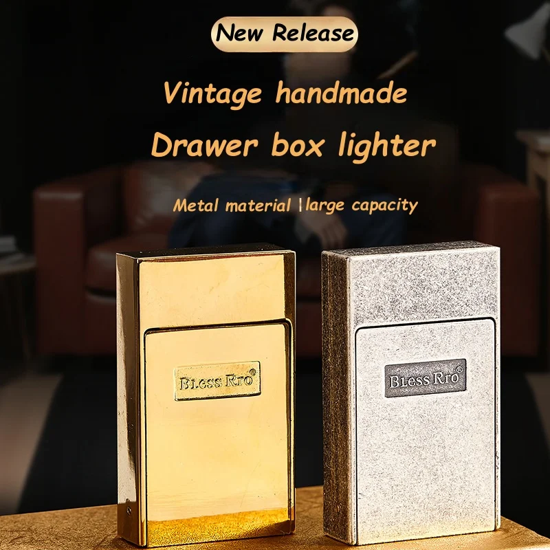 

Retro Handmade Drawer Box Lighter Metal Material Retro Grinding Wheel Cigarette Lighter High-end Fashion Cigarette Accessories