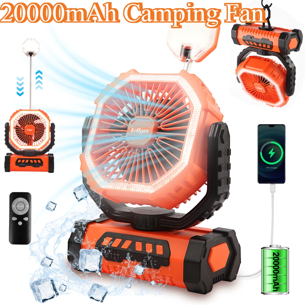 

Вентилятор для кемпинга с аккумулятором емкостью 20000 мАч, регулируемым на 360 градусов подвесным крючком и пультом дистанционного управления, портативный, прочный для барбекю с отключением электроэнергии