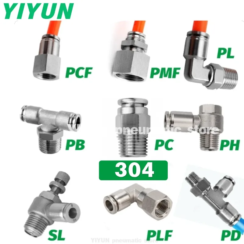Old 304 stainless steel pneumatic tube sleeve,PC PCF PL POC PB trachea connector,Quick joint thread 6/10/12 corrosion resistance