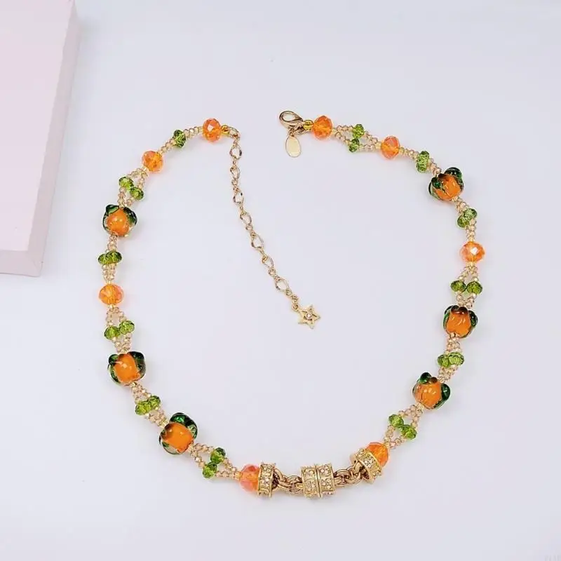91AF Vibrant Glass Fruit Veggie Pendant Necklace Featuring Elegant Rhinestones Detail And Secure Closure