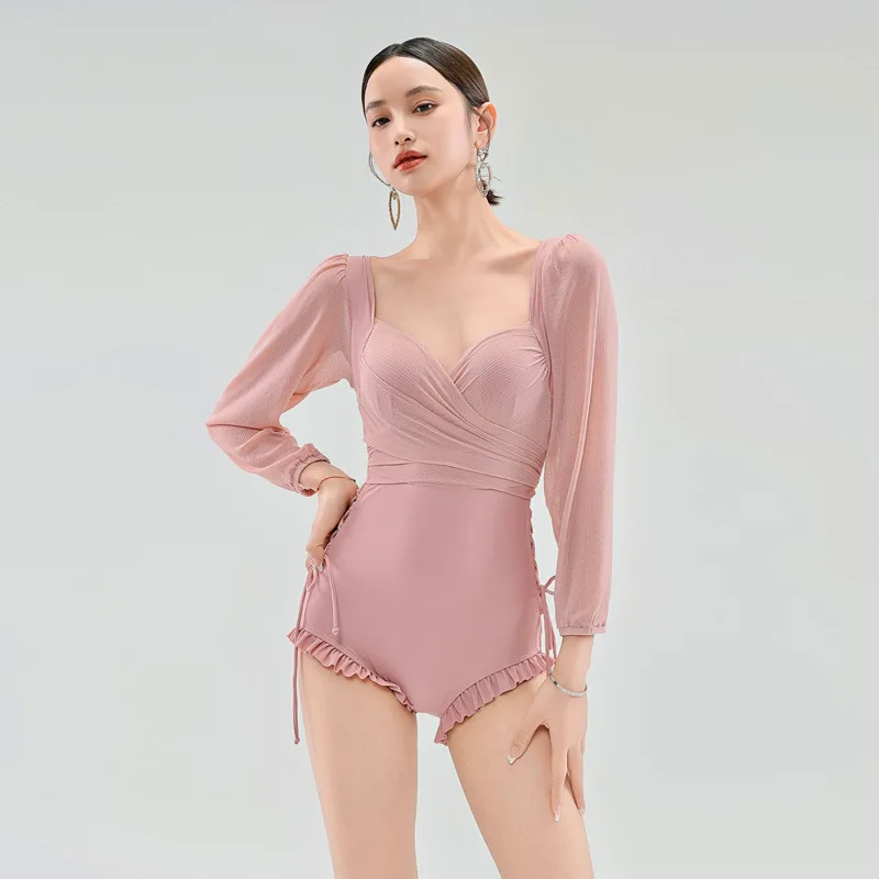 Korean INS Vibe Tummy Control One-Piece, 2026 Summer Women's Long Sleeve Triangle Cup Cover-Up Swimwear for Beach Vacation