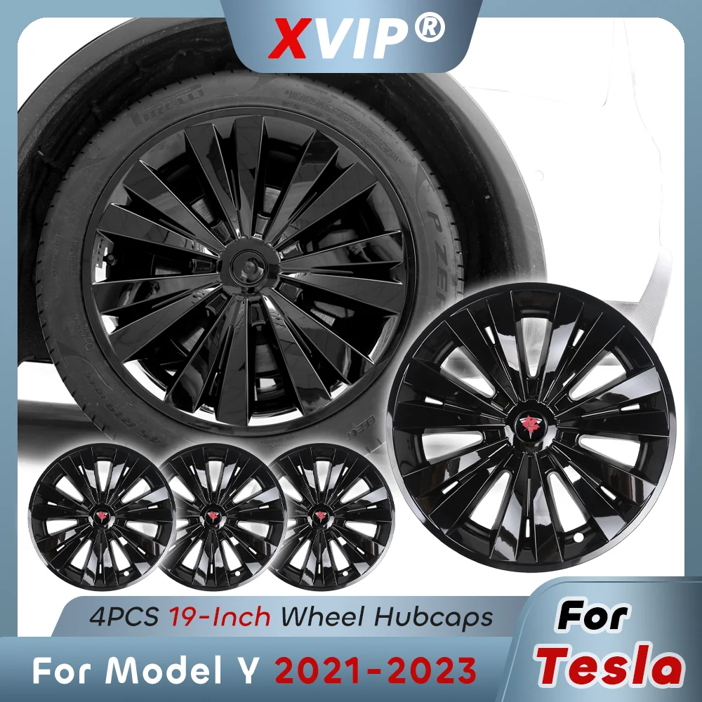 XVIP 19 Inch Wheel Covers Thunder Style Glossy Black Racing Performance Replacement HubCaps Full Rim For Tesla Model Y 2021-2023