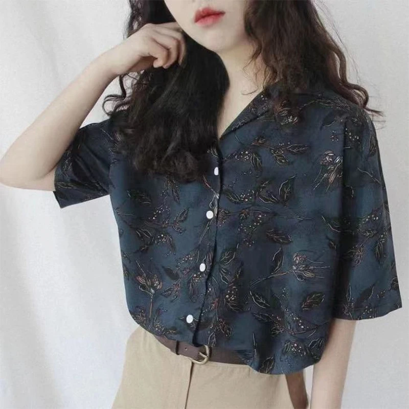 Summer Streetwear Polo-neck Trend Fashion Harajuku Y2K Blouse Women Short Sleeve Loose Casual All-match Top Ladies Vintage Shirt