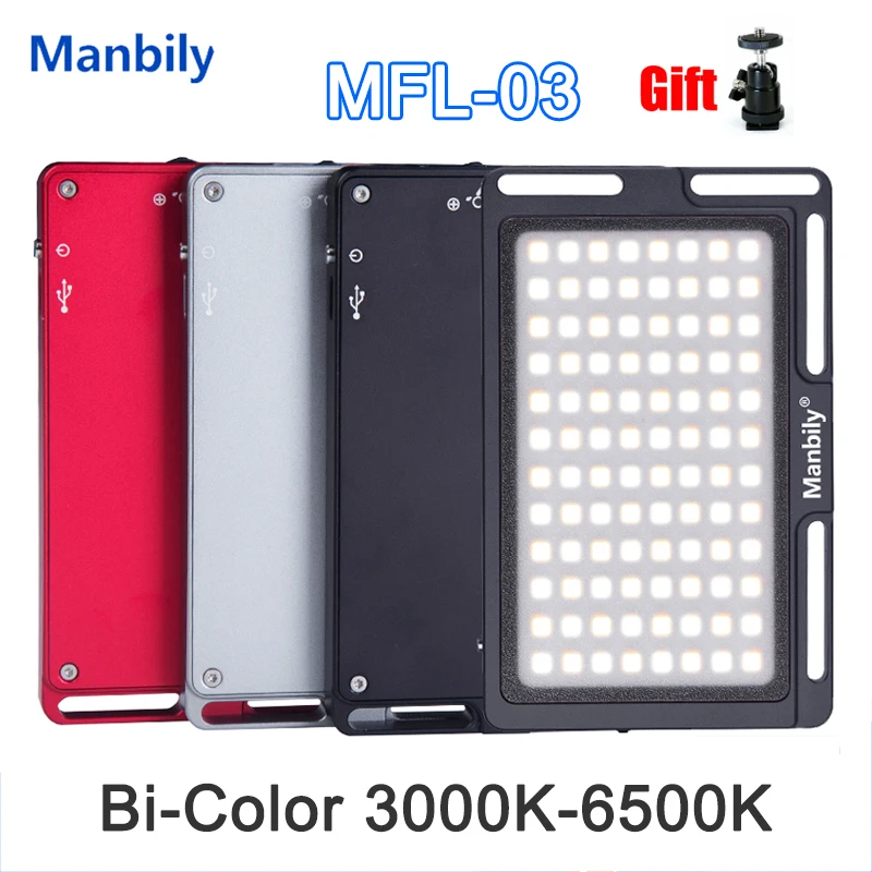 

Manbily MFL-03 Camera Video Light Panel Mini LED Lamp Bi-Color 3000K-6500K Dimmable Fill Light Built-in lithium battery 2800mAh