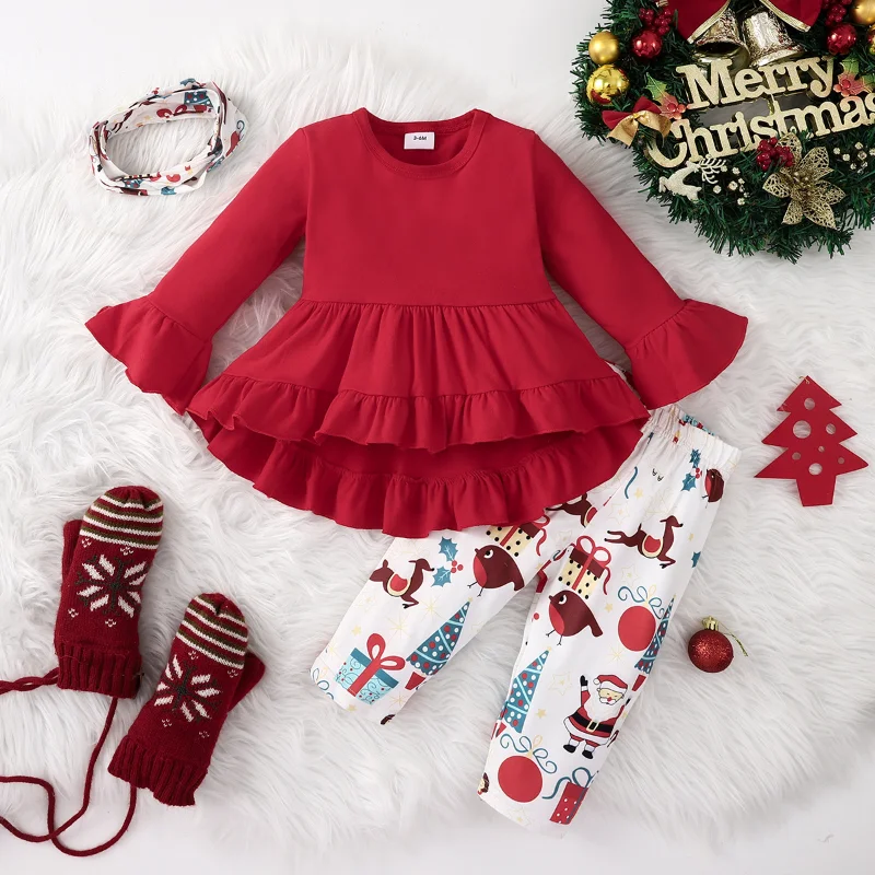 

Baby Girl Christmas Day Solid Color Flared Long Sleeve Top Cartoon Print Trousers Hairband Three-Piece Set 0-2 Years Old 0-18M