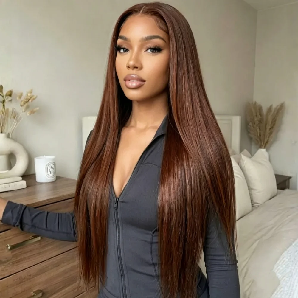 

Chocolate Brown Straight HD Lace Front Wigs Human Hair 180% Density Natural Hairline With Baby Hair Brazilian Virgin Human Hair For Women Daily Wear