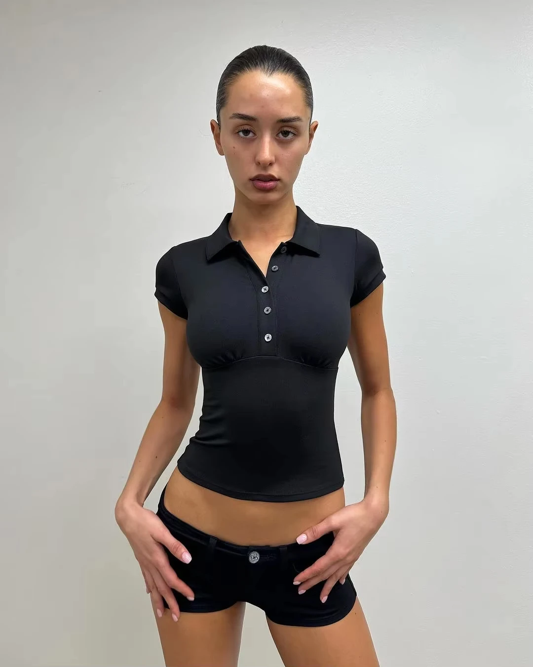 

Tank Black Polo Collar T-Shirt, Slim Fit and Sexy Short-Sleeved Summer Women's Short Top