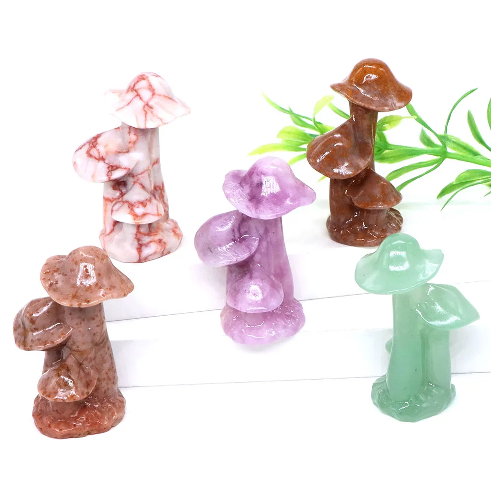 50MM Crystal Carved Trio Mushroom Statue Natural Stone Healing Reiki Jungle Fungus Plant Figurine Crafts Home Office Decor Gifts