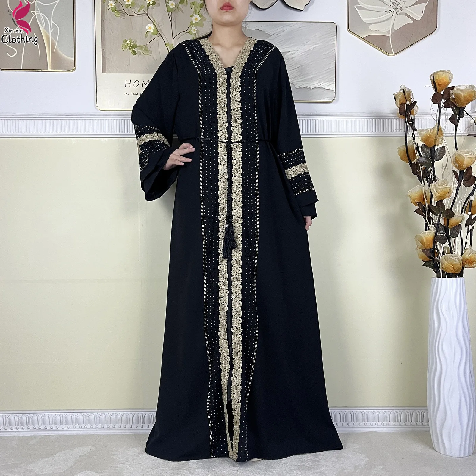 New Style Dubai Women Elegant Dress Embroidery Chiffon Open Abaya with Zipper Islamic Lady Long Dress Abaya Women Muslim Dress