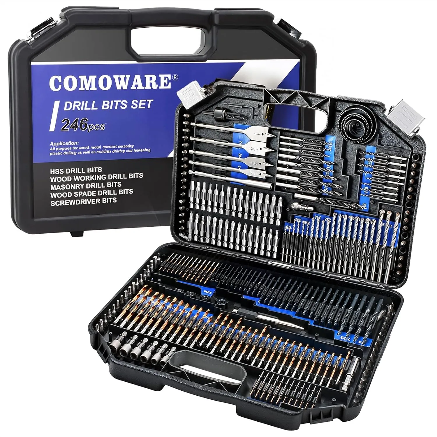 

246 Pcs Drill Bit Set for Cordless Drill, HSS Titanium & Black Oxide, Wood Metal Masonry Cement Screwdriver Bits Combo Kit with
