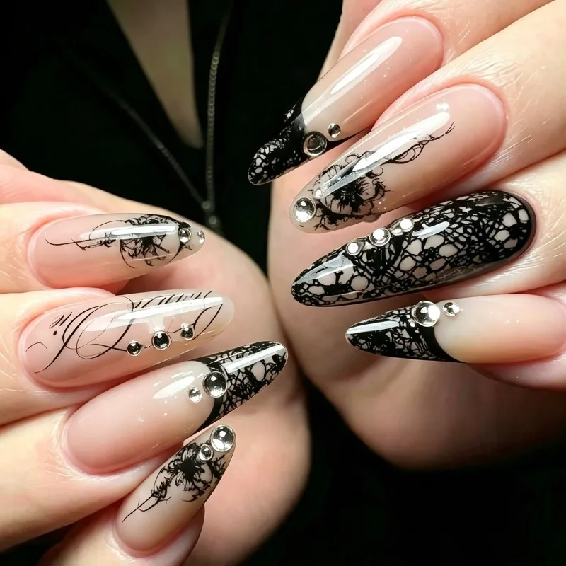 24PCS Gothic Black Long Almond Press on False Nails Sweet Cool Dark Lace French with Nude Acrylic Nail Tips Wearable Gyaru Nails