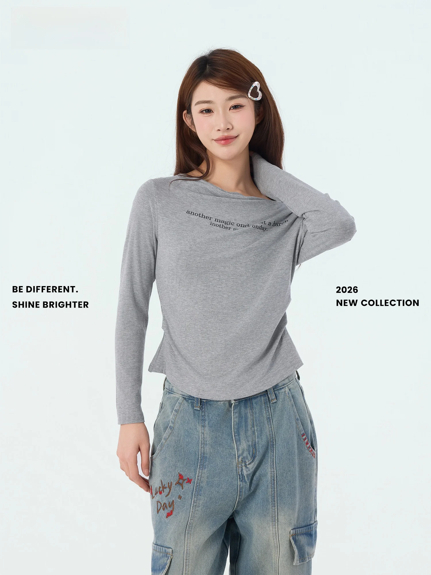 

Didimax Spring New Asymmetrical Long Sve Base irt Women's ey Printed Casual Sle Slim Fit Knitted Top