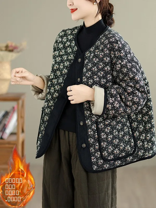 

Retro Loose round Ne Cotton Jaet Women's Floral Print Mommy Sle Coat Thiened Winter New Arrival Korean Sle