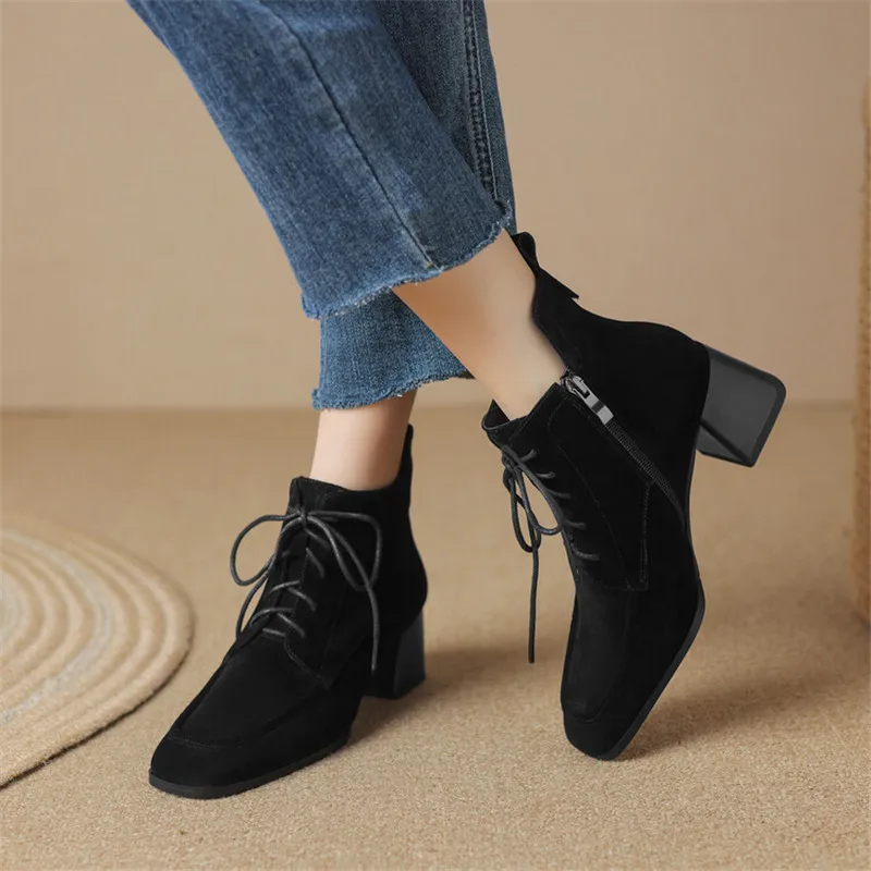 New Autumn Winter Sheep Suede Women Shoes Square Toe Retro Lace Up Short Boots for Women Chunky Heel High Heel Women Boots