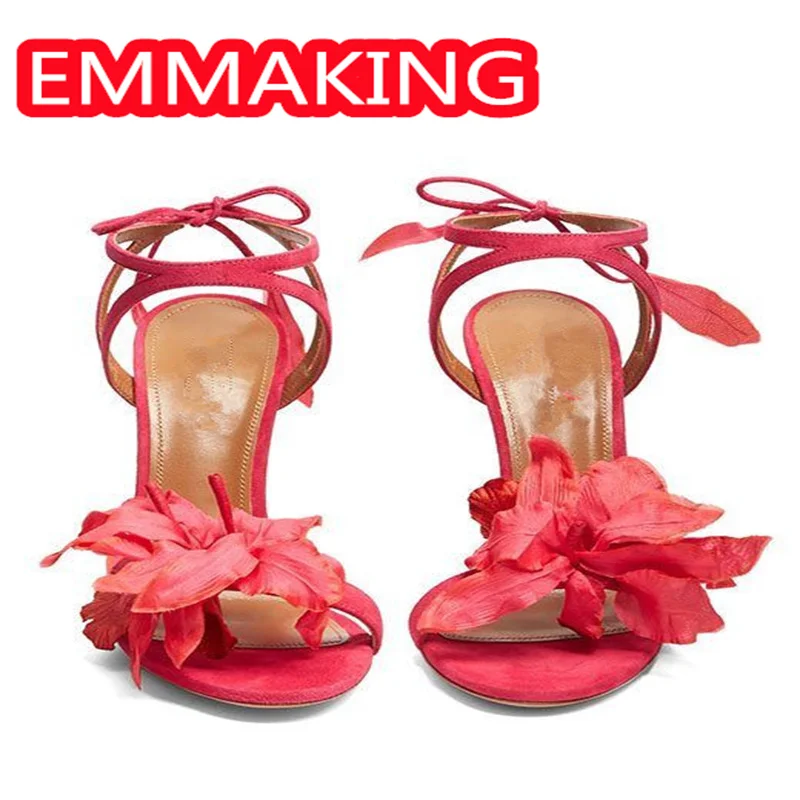زنبق الأزهار الدانتيل يصل كعوب عالية على الموضة أحذية النساء 2024 مختلط اللون المدرج الرقص بنات حفلة المصارع الصيف الصنادل حجم 44