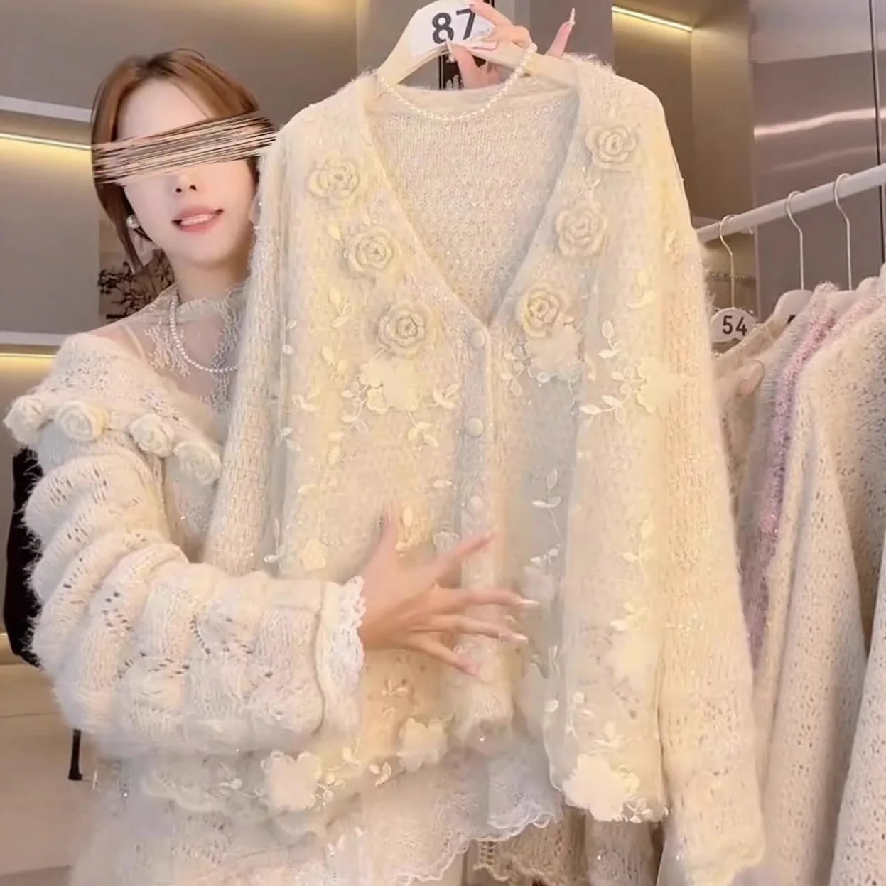 

Ele Lace Trim Knitted Open Cardigan Women's Autumn Winter New Sle Hollow out Sweater Jaet Thiened Knitted Faionable