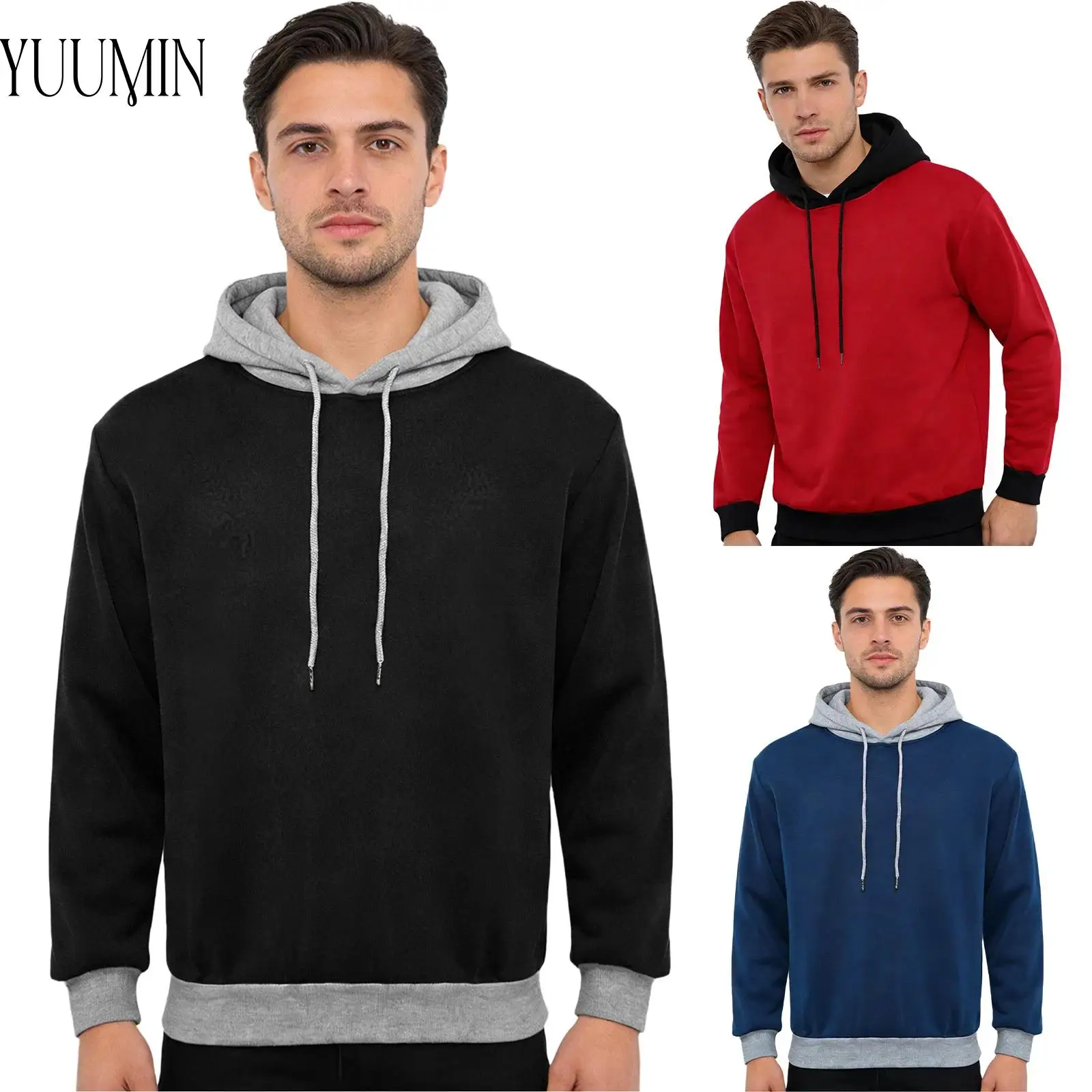Mens Fashion Color Block Warm Sports Hoodie Long Sleeve Drawstring Hooded Pullover Sweatshirt for Hiking Camping Cycling Running
