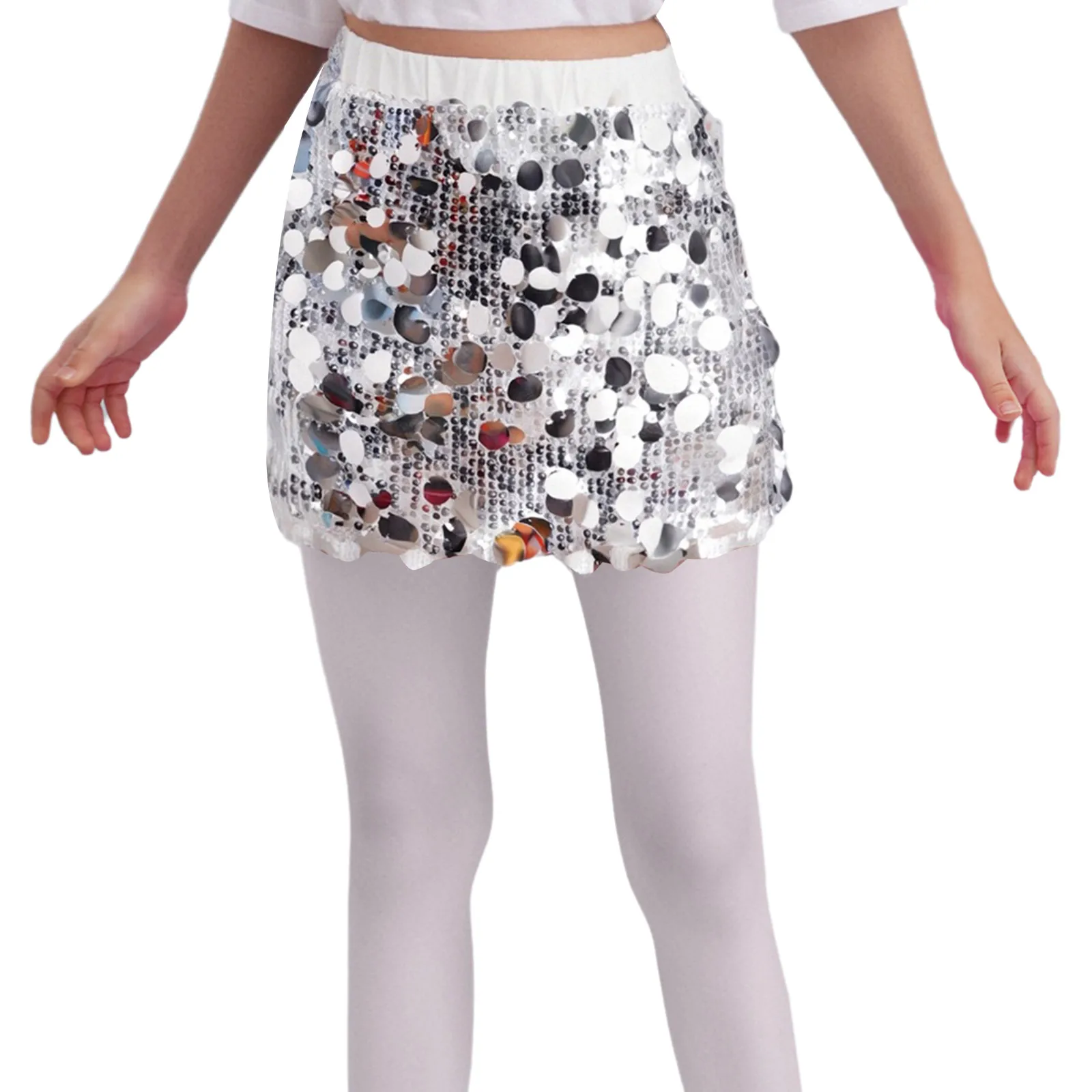 

Kids Girls Skirt Sparkling Sequins Elastic Waist Skirt with Built-in Shorts for Party Jazz Latin Ballet Dance Performance Dress
