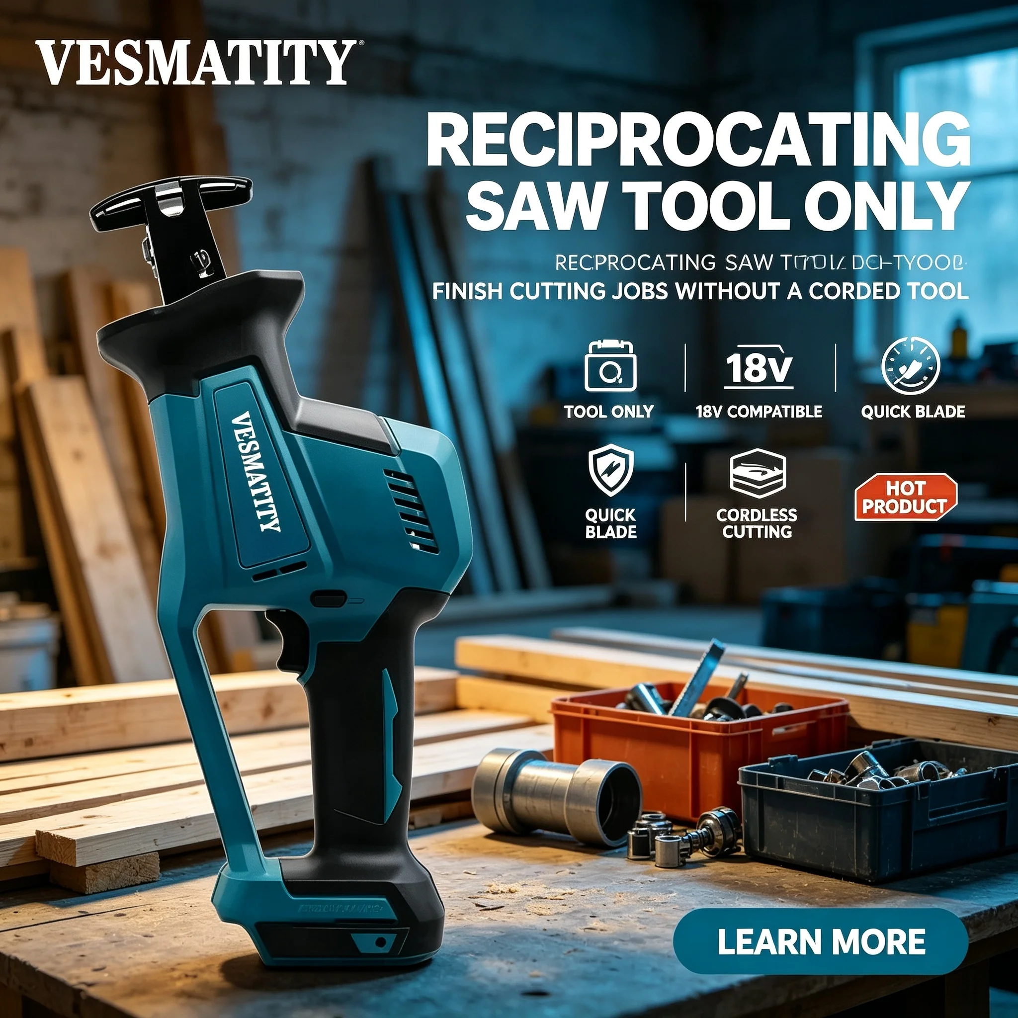 Reciprocating Saw VESMATITY DJR189 18V Brushless 3100SPM 22mm Stroke Wood Pipe Cutting Tool for 18V-20V Battery