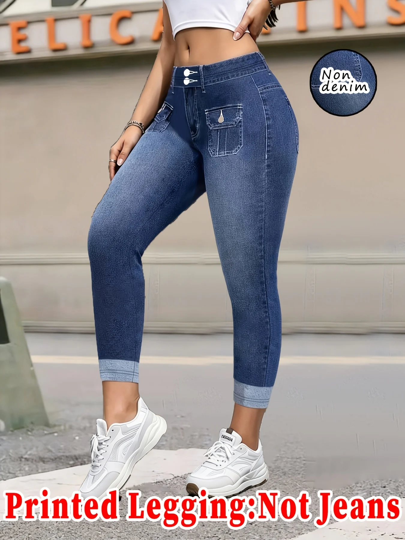 Damen High-Waist Faux-Denim Lange Leggings mit Doppelknopftasche, Schlanke Yoga-Hose, Keine Echte Jeans – Detail 3