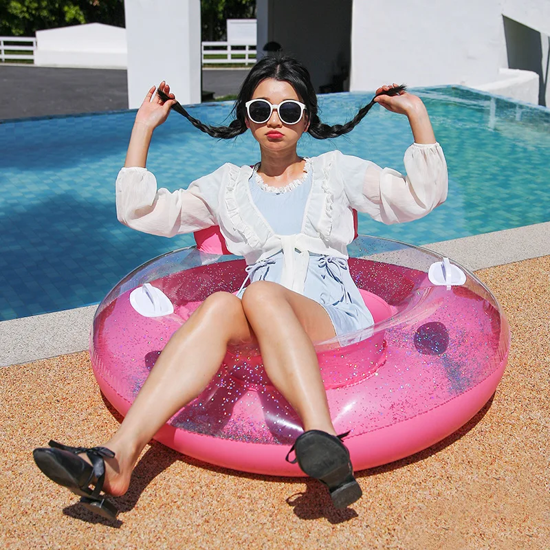 Glitter Inflatable Pool Float เก้าอี้พนักพิงและมือจับ-Sparkling Floating Lounger วงกลม Summer Beach Lake Water Fun Seat