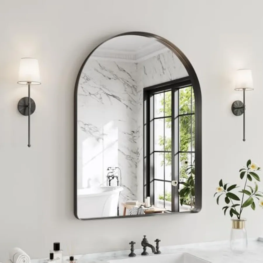 

Arched Bathroom Mirror 30"x36" Black Mirror for Wall Mounted Vanity Mirror for Over Sink with Tempered Glass Aluminum Alloy Dee