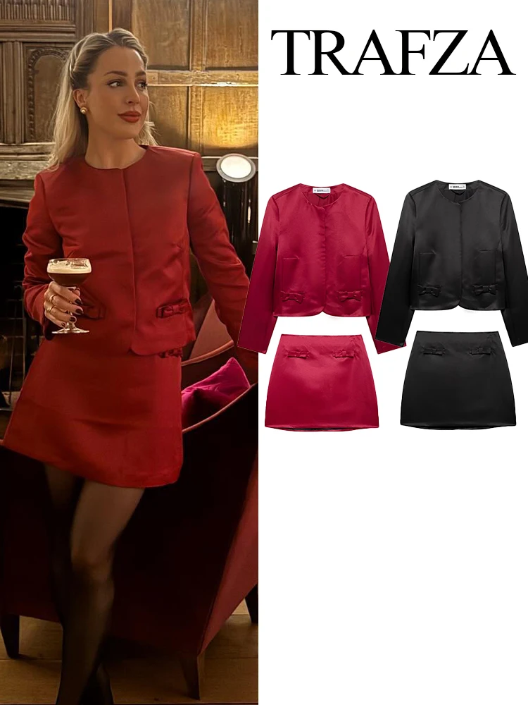 TRAFZA Women Festive Skirt 2-Piece Set New Round Neck Bow Decorated Satin Hidden Button Blazer+Elegant Banquet Slim Folds Skirt