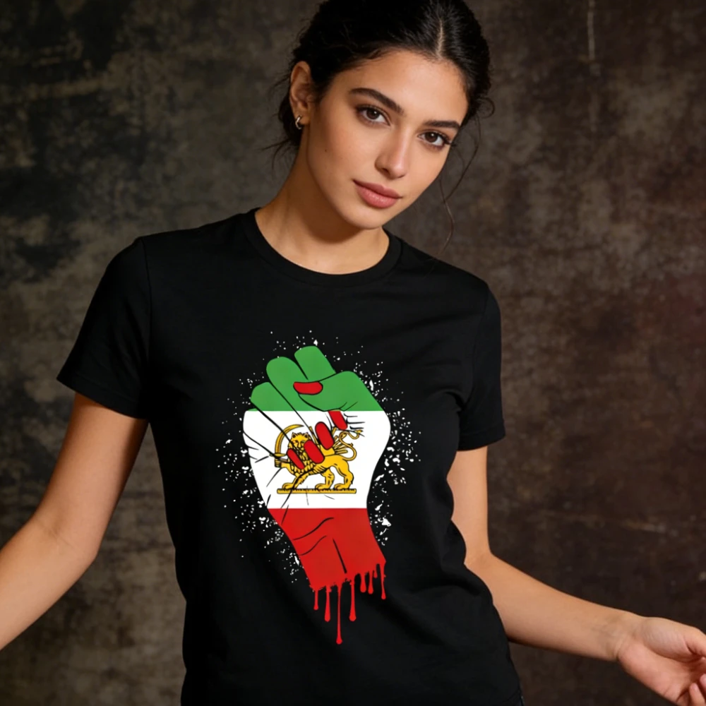 Iran-Flagge Löwen-Shirt Flagge Iran Erbe Faust Iranischer Bürger T-Shirt Damen Rundhals Baumwoll-T-Shirt Tops Moderne Topseller Kleidung