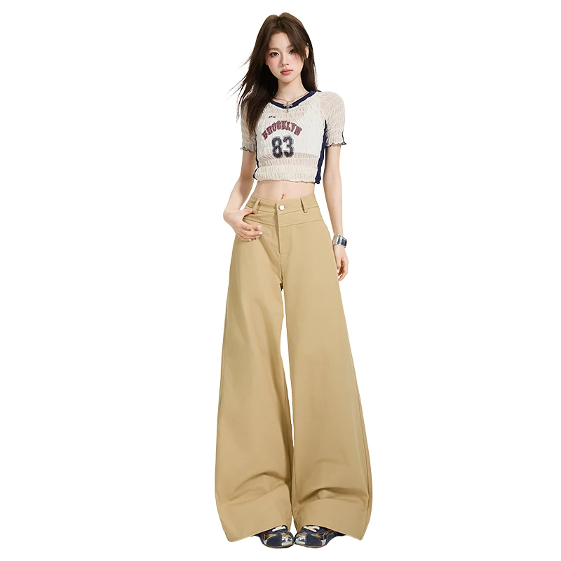 Yapi Lao Qian |   Ralph esthétique minimaliste rétro kaki pantalon pantalons décontractés ample jambe droite pantalon femmes Y2K