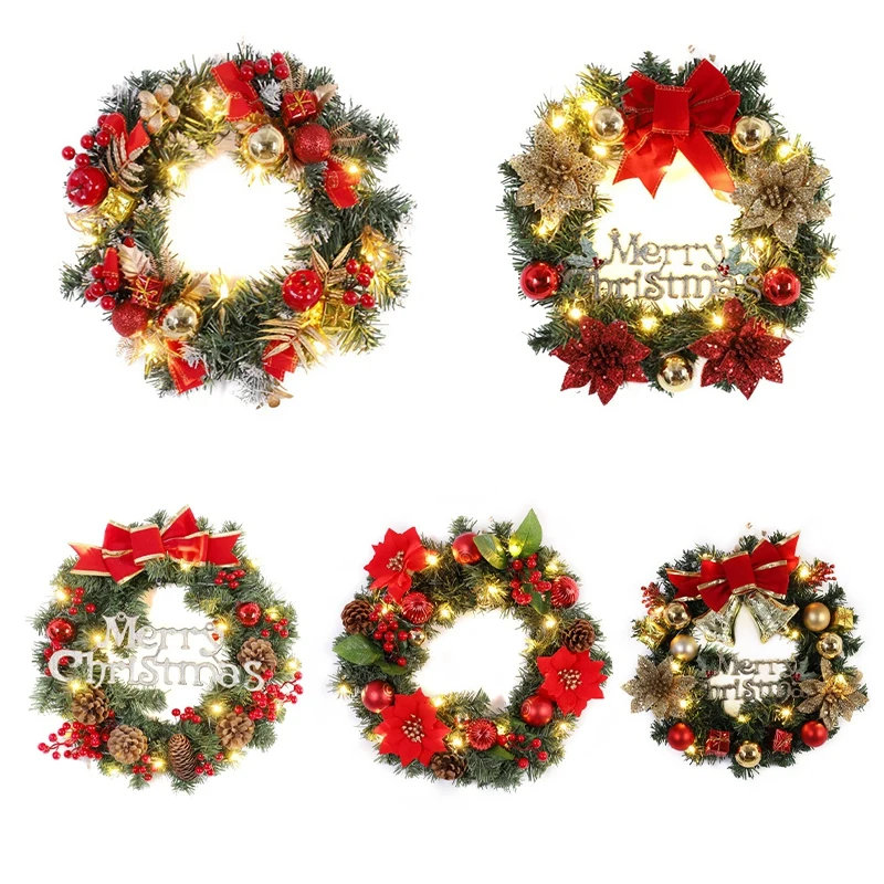30/40CM Christmas Wreath LED Red Berry Pinecone Cone Flower Garland Merry Christmas Decoration Xmas Hanging Ornament Pendant
