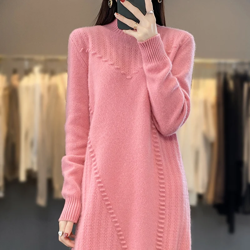 

4-color high-end fashionable knitting 100 pure wool half high collar women's dresses Sweater autumn and winter long women's New