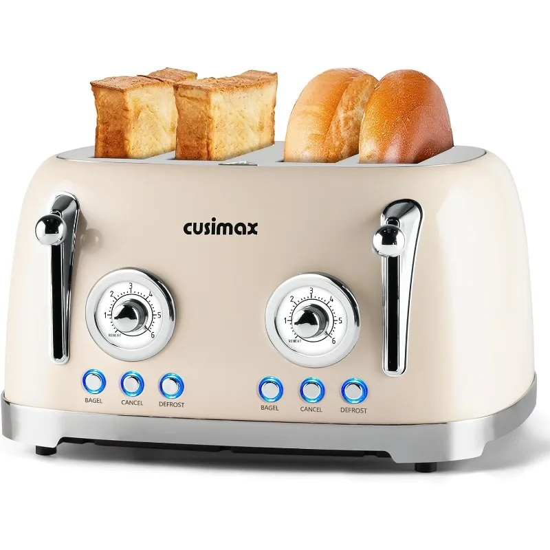 

Retro Toaster 4 Slice with Wide Slots for Bagels, Stainless Steel Toaster with 6 Toast Settings, Dual Independent Control Panels